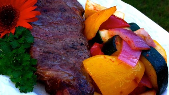 Planked New York Strip Steak with Grilled Veggies
