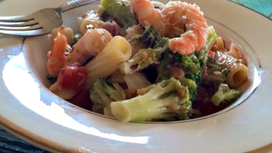 Shrimp, Broccoli Rabe, and Tomatoes Over Penne Pasta